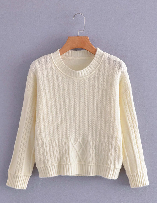 Fashion Creamy-white Round Neck Twist Knit Pullover Sweater