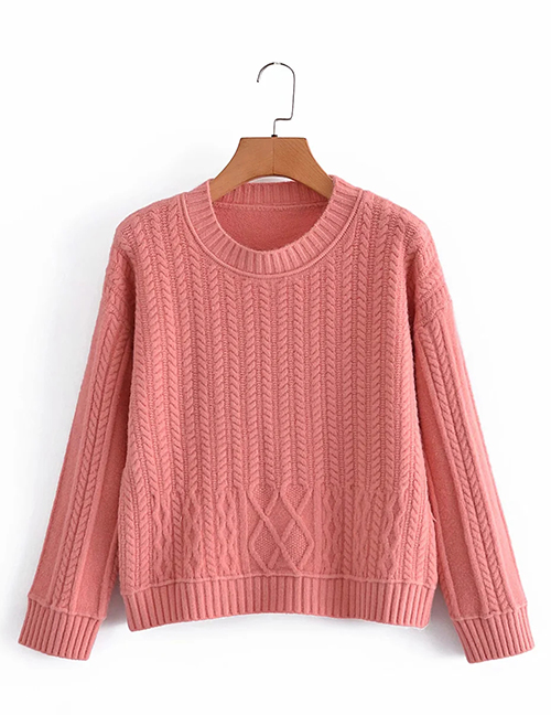 Fashion Pink Round Neck Twist Knit Pullover Sweater