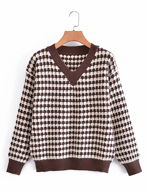 Fashion Brown V-neck Printed Knit Pullover Sweater
