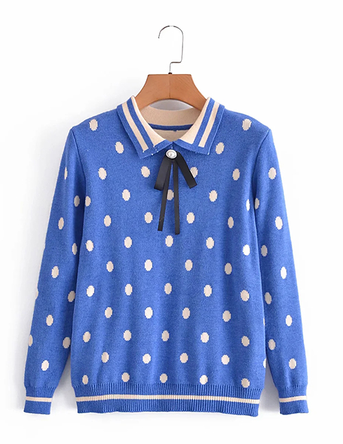 Fashion Blue Bow-knot Polka-dot Knitted Sweater