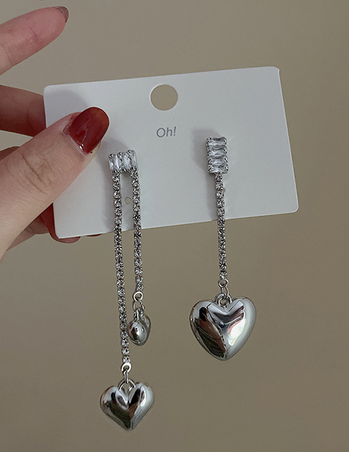Fashion Silver Asymmetric Love Heart Tassel Earrings
