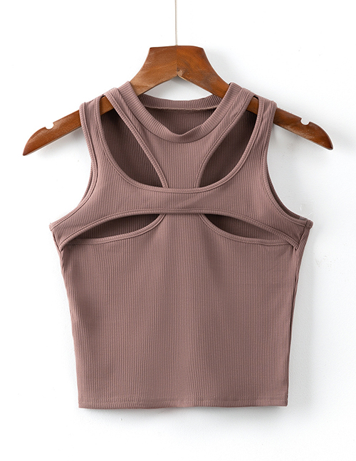 Fashion Coffee Color Solid Color Hollow Irregular Pullover Vest