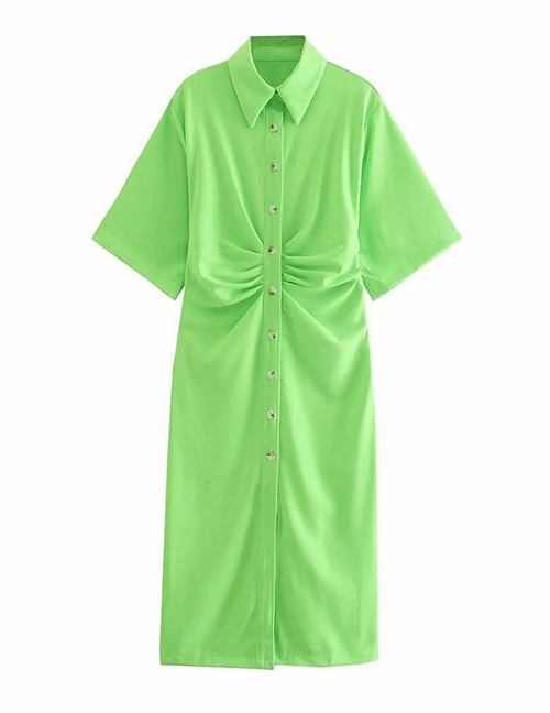Fashion Green Solid Color Pleated Dress