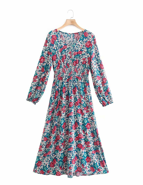 Fashion Color Flower Print Waist Dress
