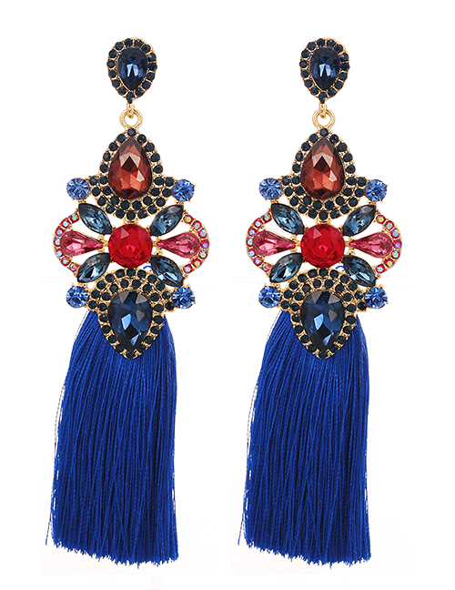 Fashion Royal Blue Alloy Diamond Drop Tassel Stud Earrings
