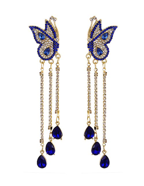 Fashion Blue Alloy Diamond Butterfly Tassel Stud Earrings