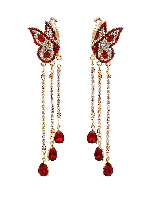 Fashion Red Alloy Diamond Butterfly Tassel Stud Earrings