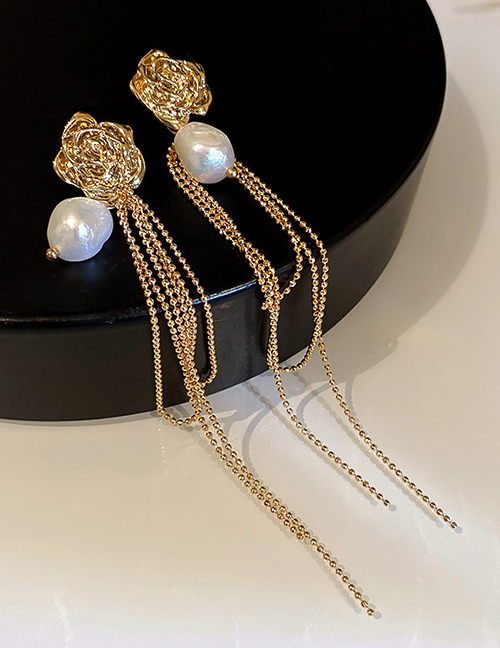 Fashion Gold Pearl Flower Tassel Earrings