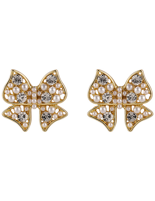 Fashion Gold Pearl Rhinestone Bow Earrings