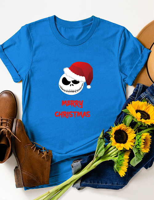 Fashion Princess Blue Christmas Hat Short Sleeve Top With Funny Faces
