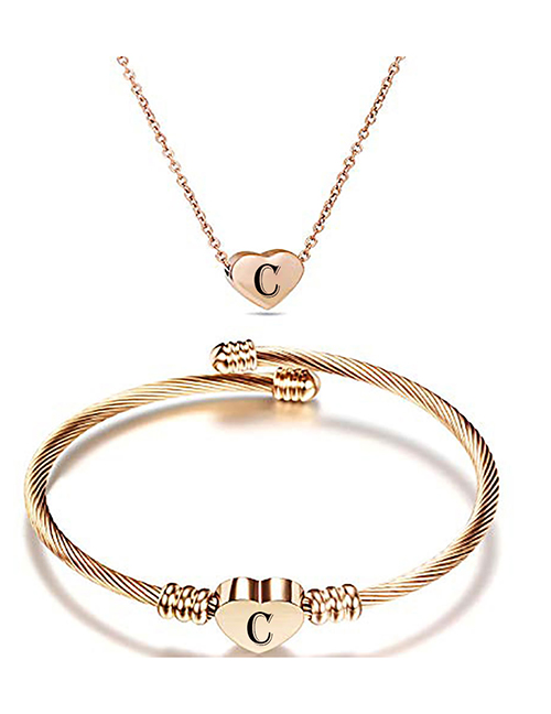 Fashion C Stainless Steel 26 Letters Rose Gold Necklace And Bracelet Set