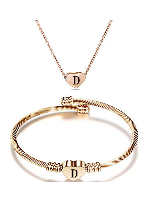 Fashion D Stainless Steel 26 Letters Rose Gold Necklace And Bracelet Set