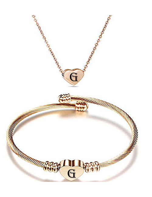 Fashion G Stainless Steel 26 Letters Rose Gold Necklace And Bracelet Set