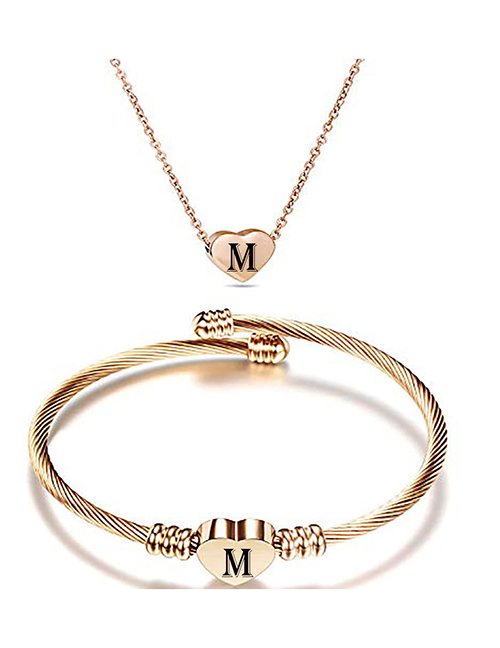 Fashion M Stainless Steel 26 Letters Rose Gold Necklace And Bracelet Set
