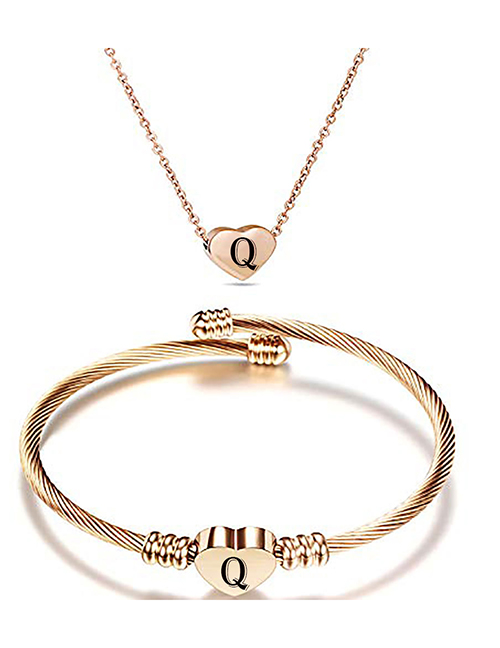 Fashion Q Stainless Steel 26 Letters Rose Gold Necklace And Bracelet Set
