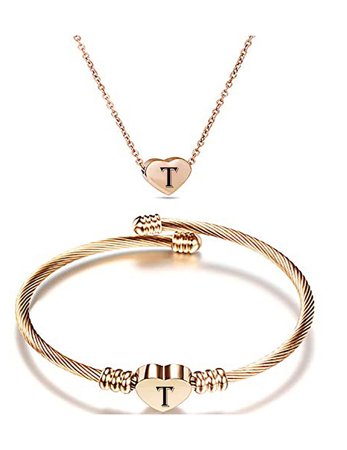 Fashion T Stainless Steel 26 Letters Rose Gold Necklace And Bracelet Set