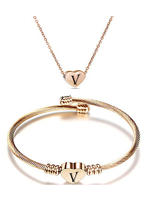 Fashion V Stainless Steel 26 Letters Rose Gold Necklace And Bracelet Set