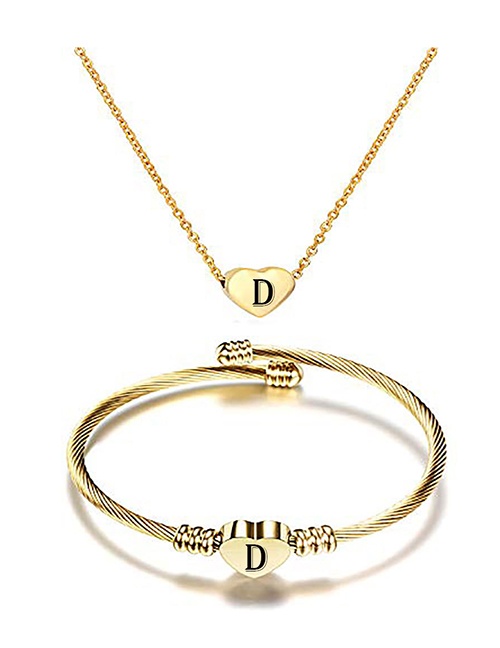 Fashion D Stainless Steel 26 Letters Gold Necklace And Bracelet Set