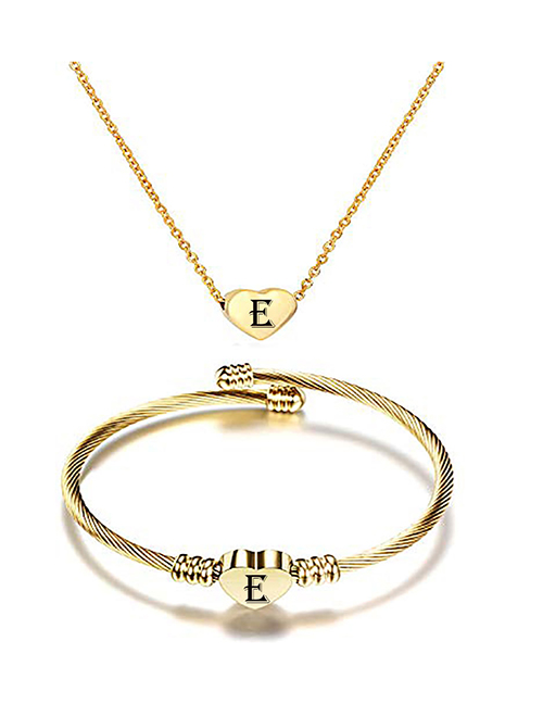 Fashion E Stainless Steel 26 Letters Gold Necklace And Bracelet Set