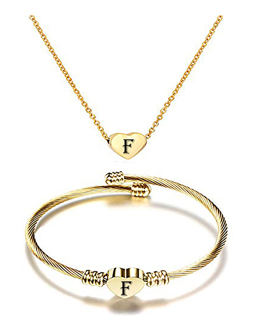 Fashion F Stainless Steel 26 Letters Gold Necklace And Bracelet Set