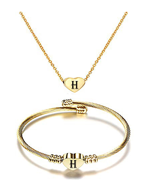 Fashion H Stainless Steel 26 Letters Gold Necklace And Bracelet Set