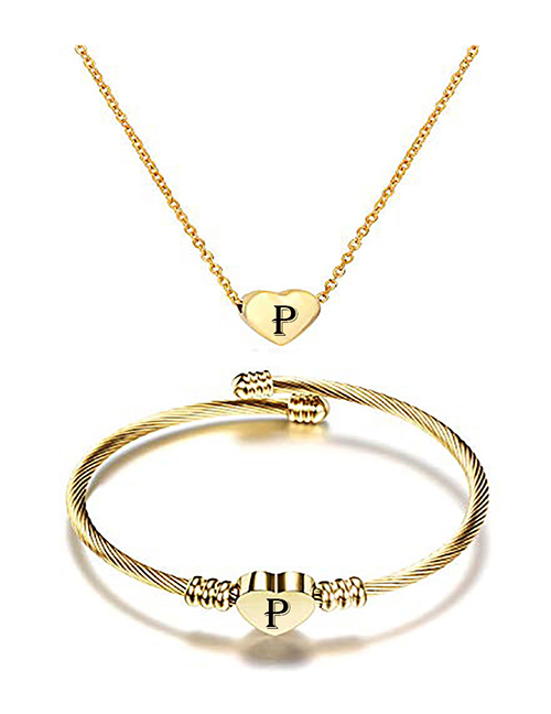 Fashion P Stainless Steel 26 Letters Gold Necklace And Bracelet Set
