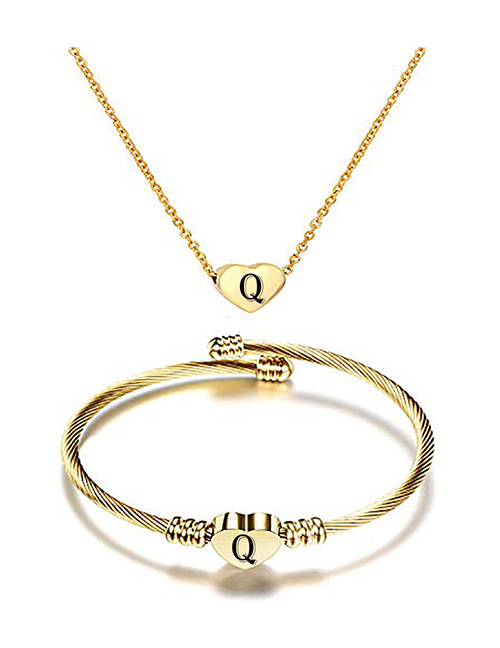 Fashion Q Stainless Steel 26 Letters Gold Necklace And Bracelet Set