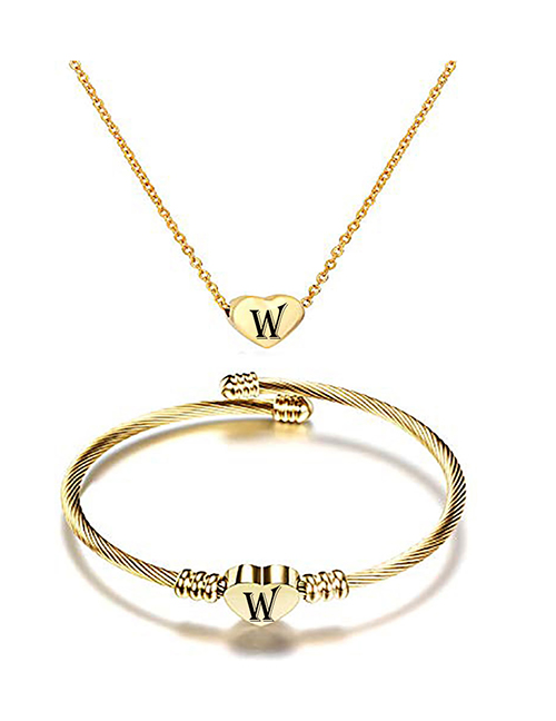 Fashion W Stainless Steel 26 Letters Gold Necklace And Bracelet Set