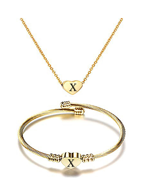Fashion X Stainless Steel 26 Letters Gold Necklace And Bracelet Set