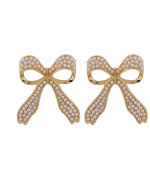 Fashion Gold Color Pearl Bow Stud Earrings