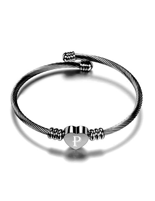 Fashion P Stainless Steel 26 Letters Cable Cord Peach Heart Bracelet