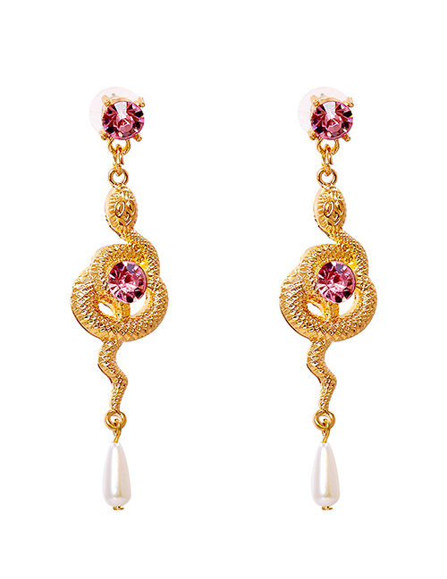 Fashion Pink Alloy Snake Diamond Pearl Earrings
