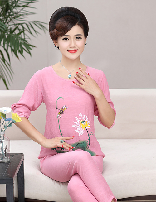 Fashion Pink Printed Round Neck Long-sleeved Pajamas And Trousers Pajama Set