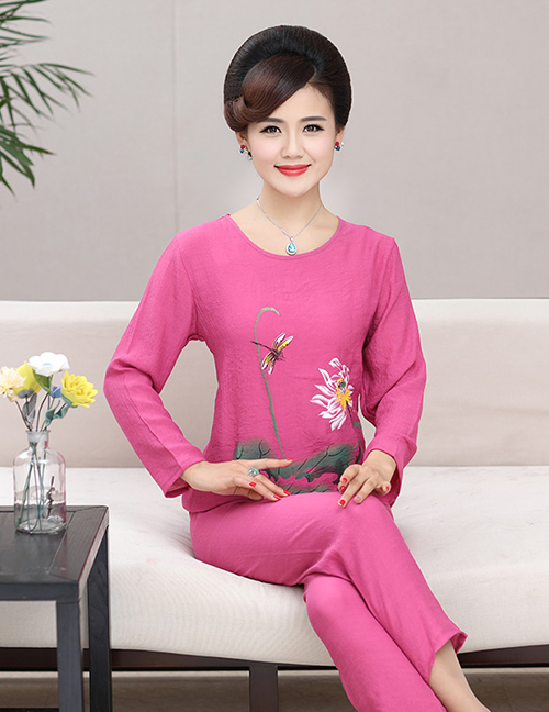 Fashion Purple Guihong Printed Round Neck Long-sleeved Pajamas And Trousers Pajama Set