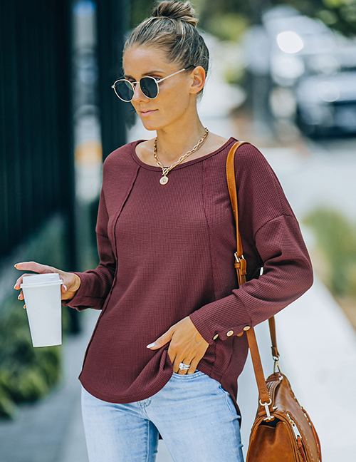 Fashion Wine Red Round Neck Pullover Knit Top
