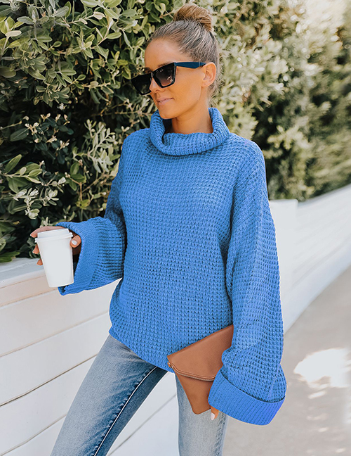 Fashion Blue High Neck Long Sleeve Wide Sleeve Knit Sweater