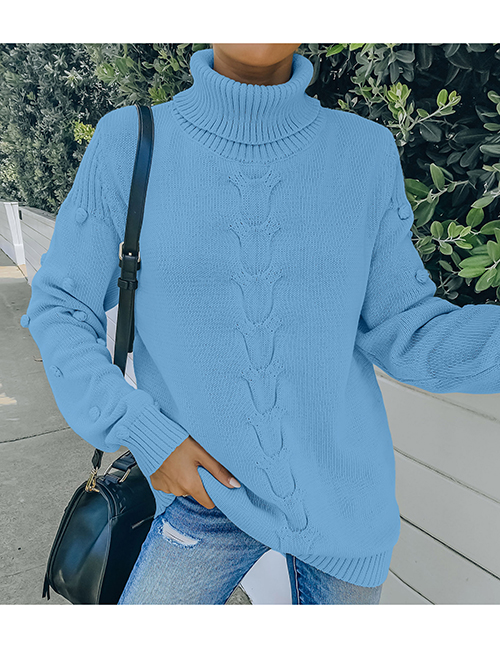 Fashion Blue Turtleneck Knitted Long-sleeved Sweater