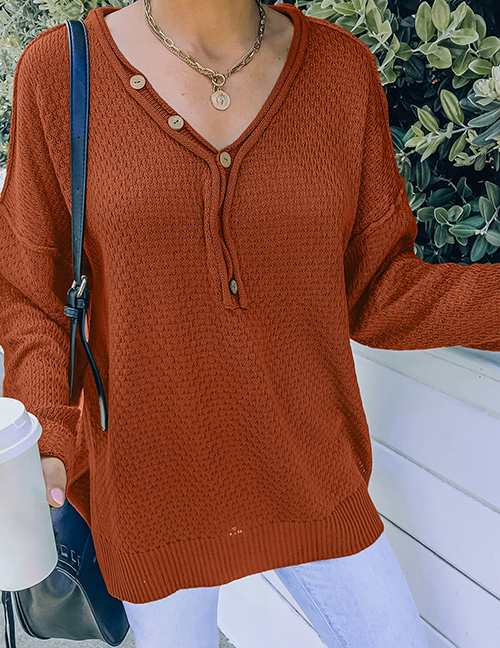 Fashion Rust Red V-neck Sweater Long Sleeves