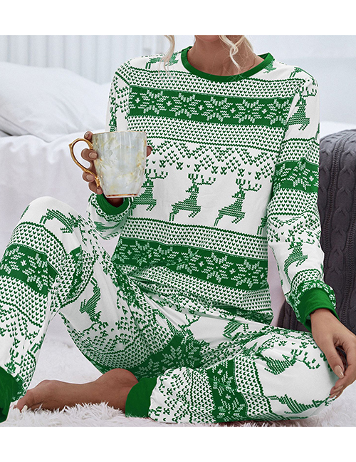 Fashion Green Christmas Print Round Neck Long Sleeve Top Pants Set