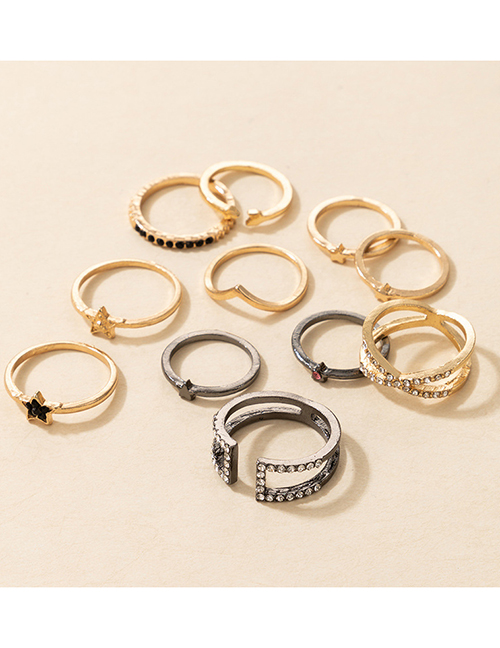 Fashion Gold Color Set Of 11 Metal Diamond And Star Geometric Rings