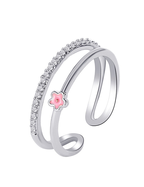 Fashion Silver Color Double-layer Open Ring With Small Flowers And Diamonds