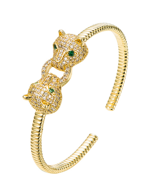 Fashion Gold Color Leopard Head Open Bracelet With Gold Color-plated Brass And Zirconium