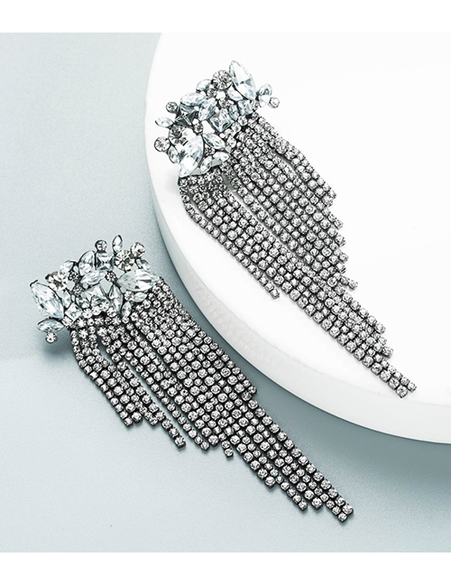 Fashion Silver Color Full Diamond Claw Chain Tassel Earrings