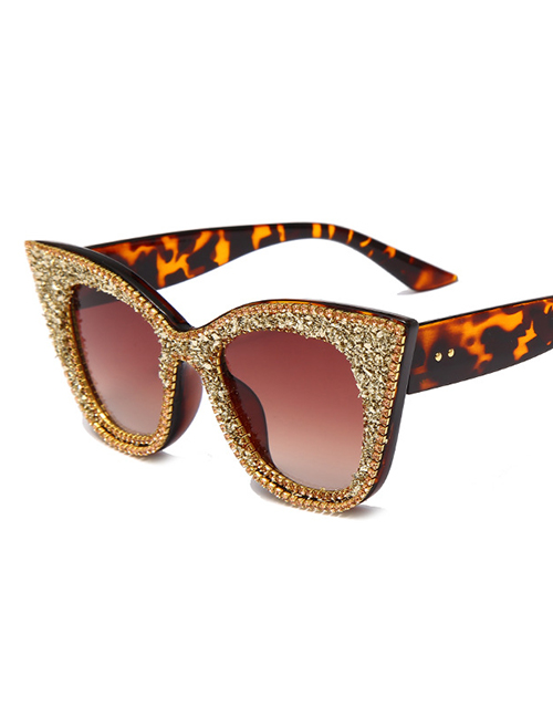 Fashion Leopard Frame Champagne Diamonds Rhinestone Cat Eye Large Frame Wide Leg Sunshade Mirror