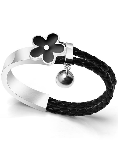 Fashion Steel Color + Black Rope Dripping Flower Titanium Steel Leather Cord Stitching Bracelet