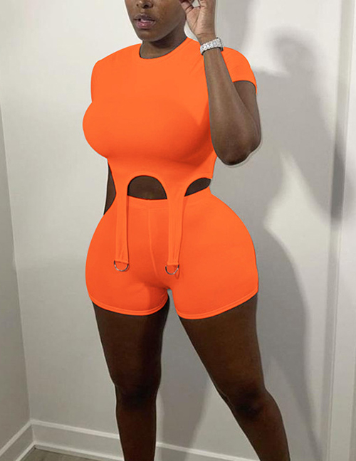 Fashion Orange Irregular Short-sleeved Top And Shorts Suit