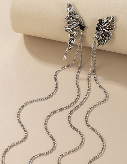 Fashion Silver Color Asymmetrical Diamond Butterfly Tassel Earrings