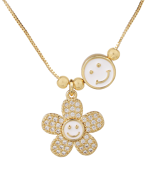 Fashion White Copper Inlaid Zircon Drop Oil Smiley Flower Necklace