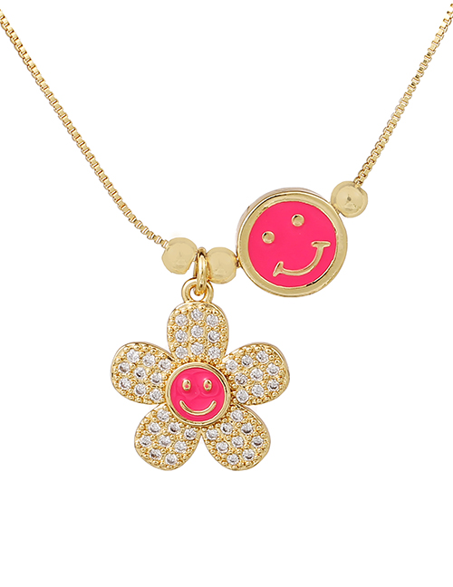 Fashion Red Copper Inlaid Zircon Drop Oil Smiley Flower Necklace