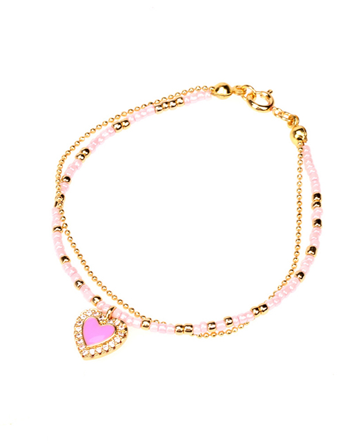 Fashion Pink Love Micro Diamond Drop Oil Love Rice Bead Double Bracelet